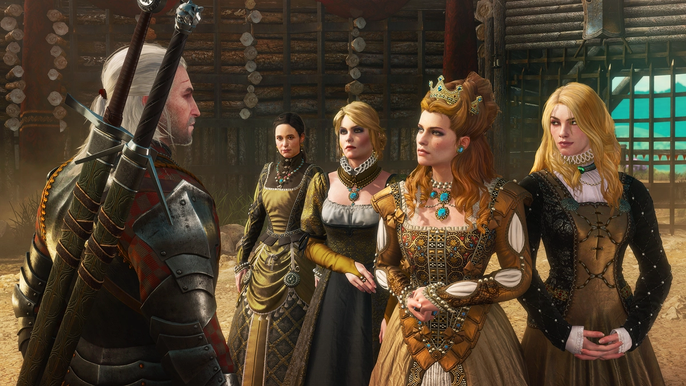 Geralt of The Witcher 3: Wild Hunt faces four female NPCs.