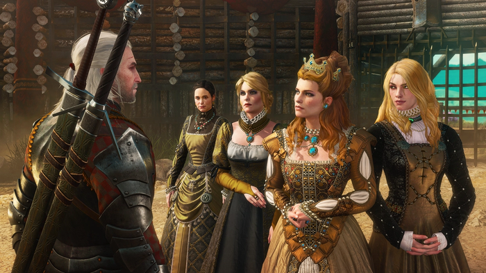 Geralt facing four female characters in The Witcher 3: Wild Hunt.