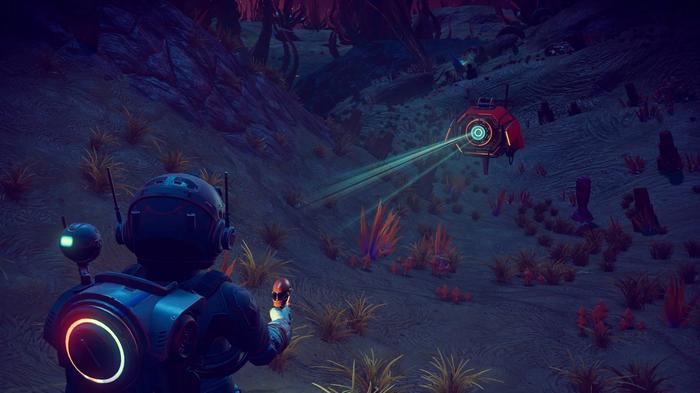 A player faces an investigative Sentinel drone in No Man's Sky.