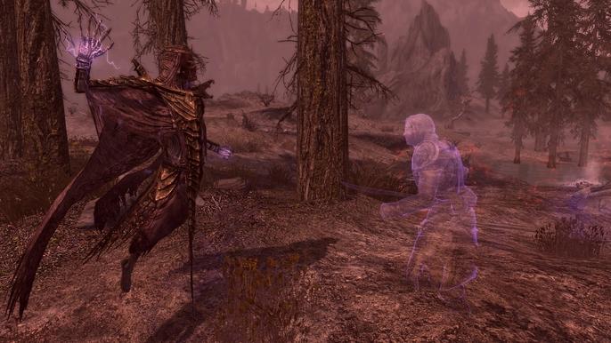 A screenshot of someone fighting a dragon priest for control of their body in Skyrim.