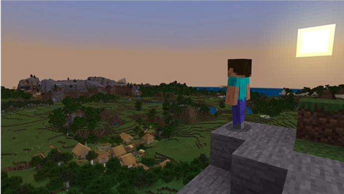 Minecraft Steve looks over a village at sunset.