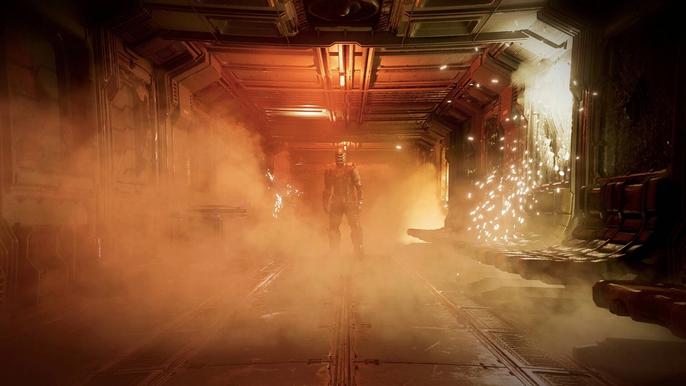 Isaac Clarke stood in a smoky hallway in the Dead Space remake.