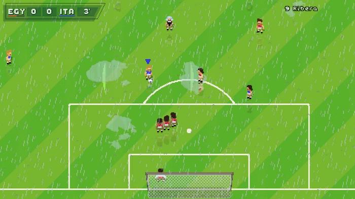 Screenshot from Super Arcade Football, showing several pixellated players partaking in a football match on a rainy day