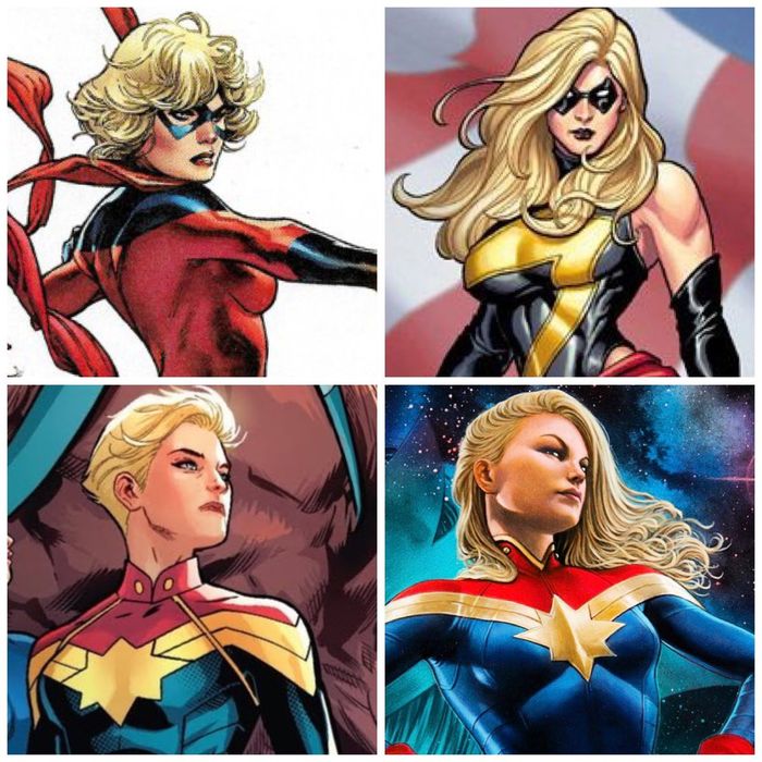 Four different pictures of Captain Marvel, each having a different hairstyle.