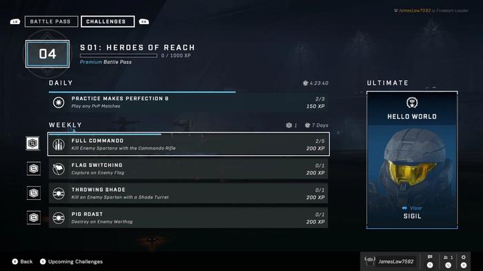The Season 1 Heroes of Reach screen on Halo Infinite, which shows weekly challenges such as Full Commando, Flag Switching, Throwing Shade, and Pig Roast.