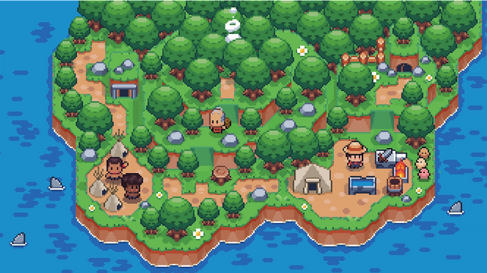Screenshot from Tiny Island Survival, showing a group of survivors crafting items on a pixellated island