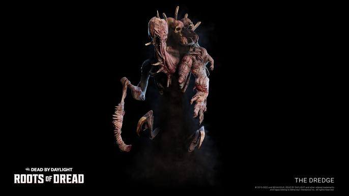 The new killer the Dredge, Dead by Daylight. An amalgamation of limbs, with a long face and torn mouth.