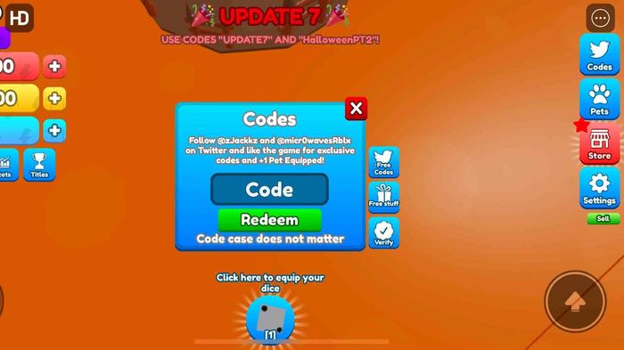 The code redemption text box in Dice Simulator on Roblox.