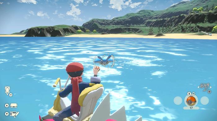 A Pokémon Trainer riding the Basculegion in Pokémon Legends: Arceus while preparing to battle a Mantyke.