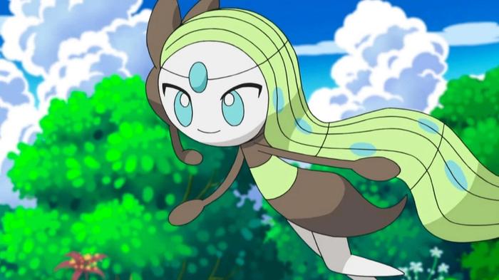 Meloetta flies above a forest with a mischievous grin on its face.