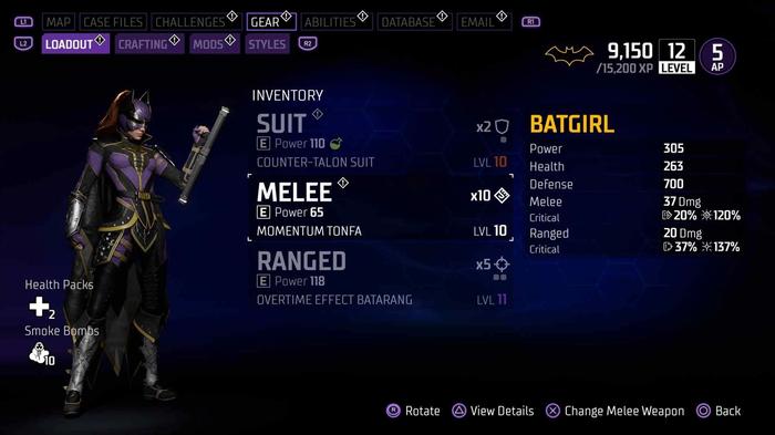 Batgirl's loadout on the Gotham Knights character customisation screen