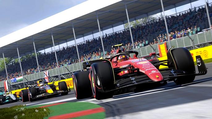Image of a Ferrari driven by Carlos Sainz leading a race in F1 22.