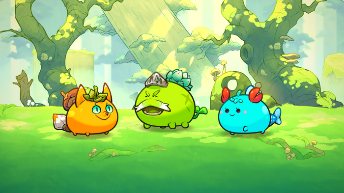 Axie Infinity starter characters in a forest setting.