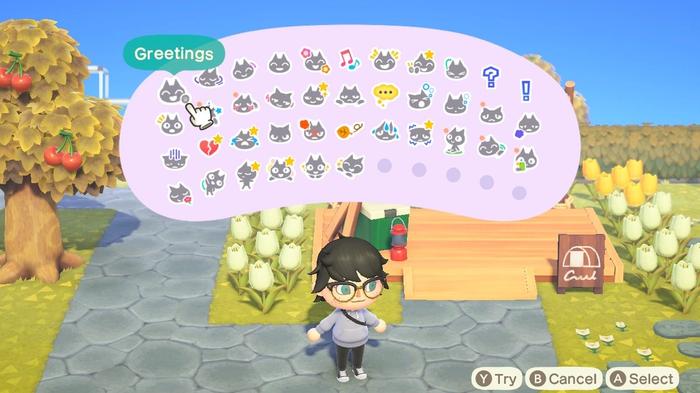 A player with the full menu of reactions open in Animal Crossing: New Horizons.
