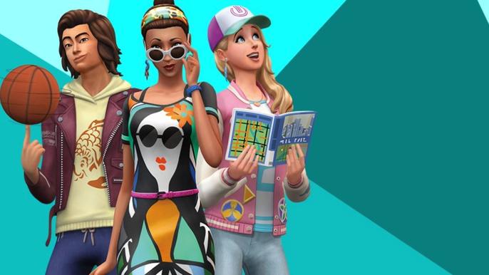 Sims 4 City Living Artwork. Three sims are stood to the left of the image. The character on the far left is wearing basketball clothes and holding a basketball. The one in the center is wearing chic clothes and sunglasses. The one on the right is wearing a cap and jacket while reading a guidebook 