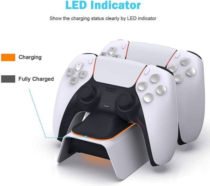 The NexiGo controller charger is pictured with a caption displaying that the black light means it is fully charged.