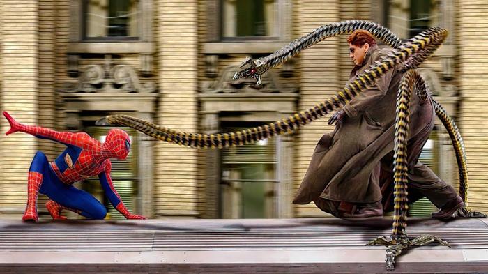 Spider-Man fighting Doc Ock on top of a train in Spider-Man 2.