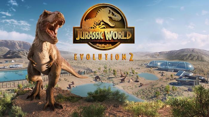 Key artwork for Jurassic World Evolution 2. A T-rex is on the left while the Jurassic World logo is in the center. The logo is gold and underneath it is written Evolution 2.