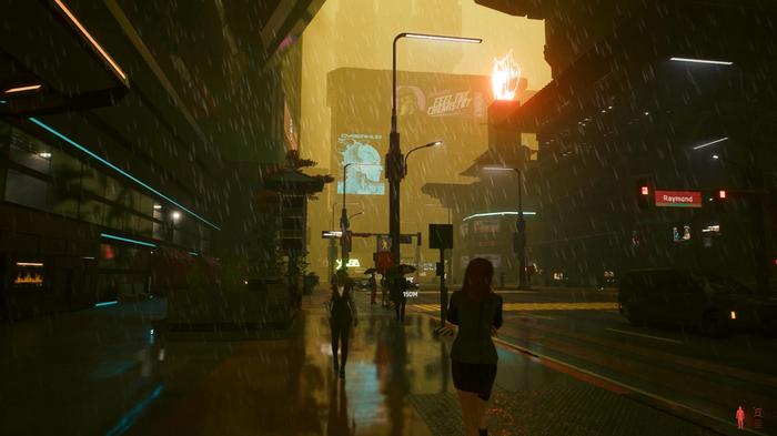 Rainy Night City streets in Cyberpunk 2077.
