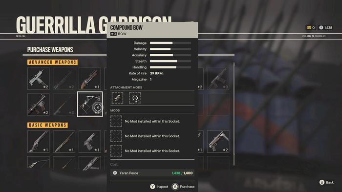 The Guerilla Garrison's basic and advanced weapons, showing details of the Compound Bow.
