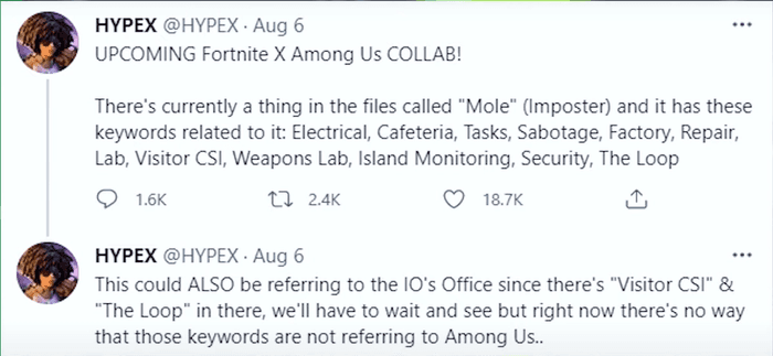 The image is a screenshot of HYPEX's tweets regarding the Fortnite x Among Us collaboration.