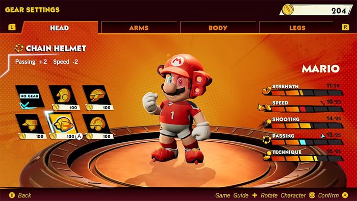 Mario poses on the Gear screen in Mario Strikers Battle League Football, trying on a helmet.