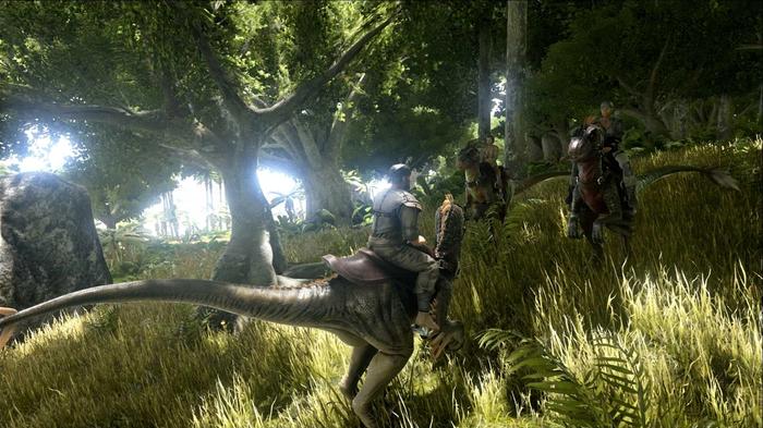 The player character riding a raptor in Ark: Survival Evolved.