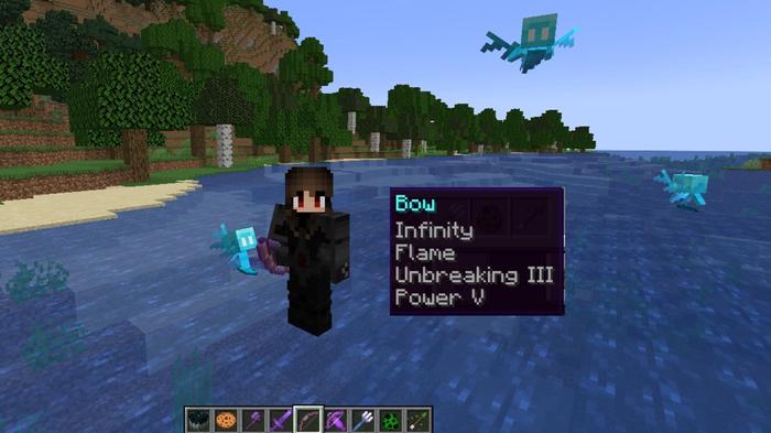 A Minecraft player floating on water while holding her bow. 