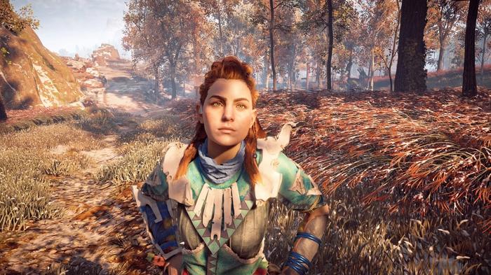 Aloy in the Banuk Ice Hunter Heavy outfit without the headpiece