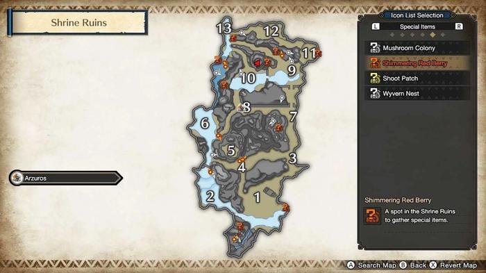 A map of the Shrine Ruins in Monster Hunter Rise showing the location of Shimmering Red Berry spots used to farm Wisplanterns