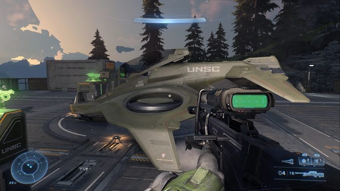 A Wasp UNSC flying vehicle in Halo Infinite, having just been dropped onto an FOB