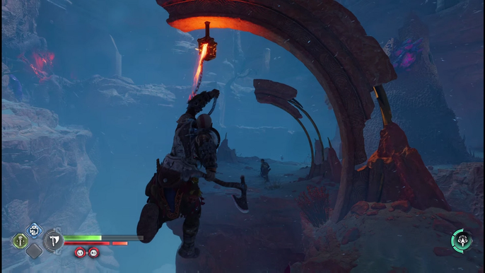 Kratos swinging in God of War Ragnarok