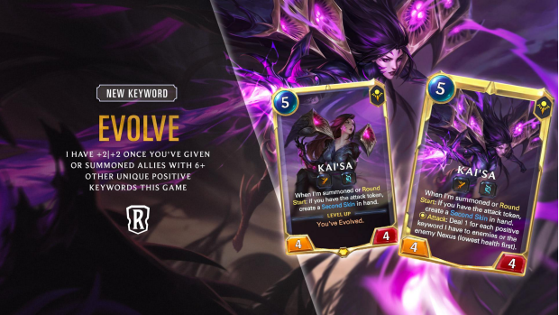 Card for Kai'sa and the Evolve mechanic in Legends of Runetera
