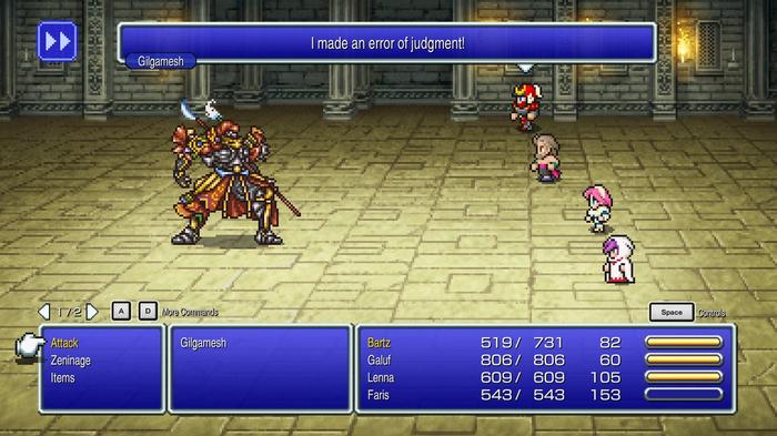 The party faces Gilgamesh in Final Fantasy 5 Pixel Remaster
