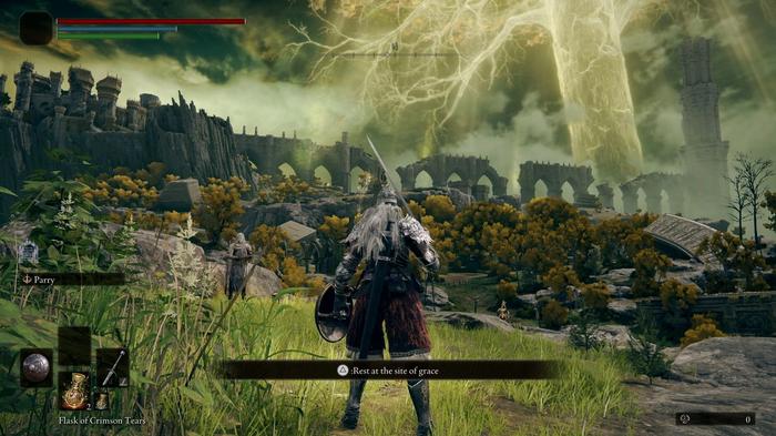 The Tarnished stands at a Site of Grace in the starting area of Elden Ring. Ruins can be seen in the background, and an NPC faces the player