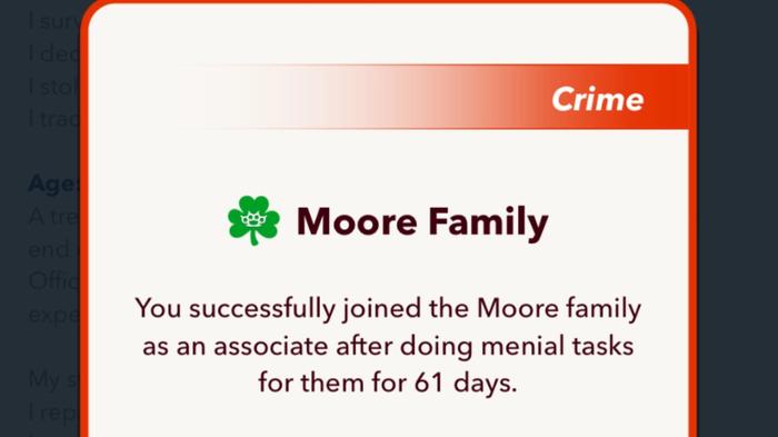 Screenshot from BitLife, showing the player joining the Irish Mafia gang