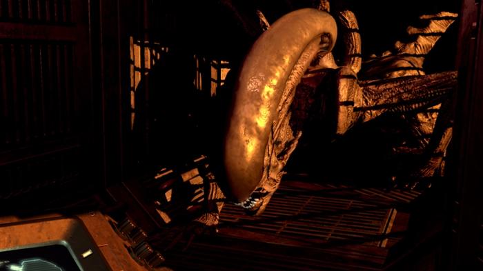 Screenshot from Alien: Blackout, showing the xenomorph lurking in a ceiling vent