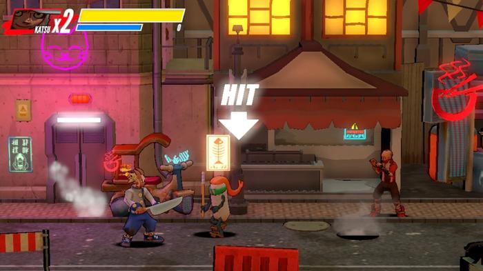 Image of a fight in a neon alley in Itadaki Smash.