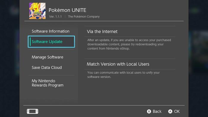 How to update Pokémon Unite manually through the Nintendo Switch menu.
