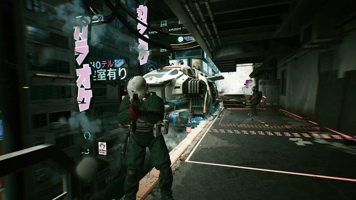 A screenshot of Cyberpunk 2077 looking like The Matrix.