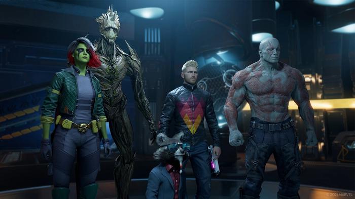 Image of Gamora, Drax, Rocket, Star-Lord and Groot in Guardians of the Galaxy.