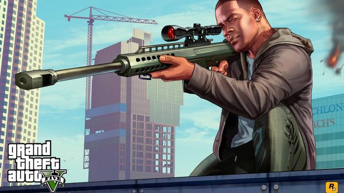 GTA 5. Franklin holding a Sniper on a rooftop in Los Santos Official Artwork