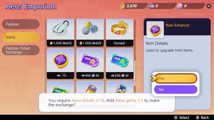 A prompt allowing the player to buy the Item Enchancer with Aeos Gems, allowing the Pokémon Unite pay to win issue.