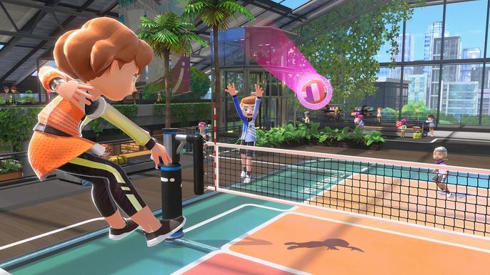 A Switch Sports player pulls of a smash shot in Volleyball.