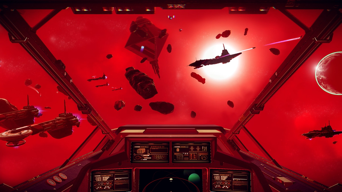 Flying towards a derelict freighter in a red system in No Man's Sky