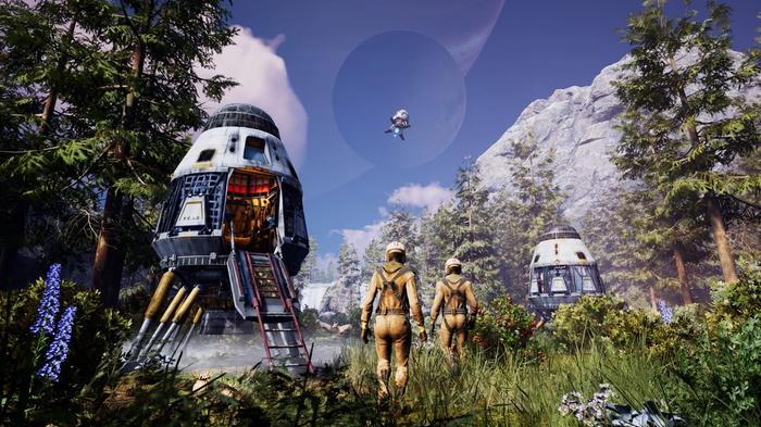 Two characters stand beside a drop pod on the planet Icarus. The scene is a lush green with blue skies as more drop pods can be seen landing in the distance.