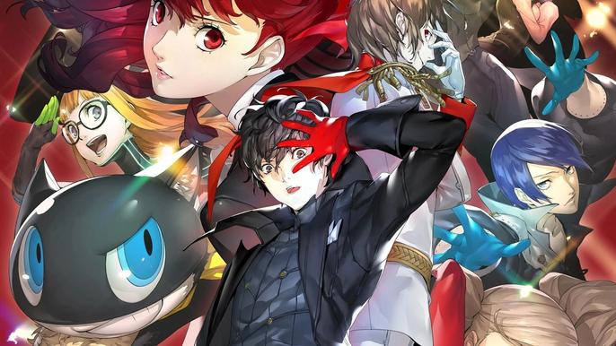 Official Persona 5 Royal splash art of the characters in their costumes.