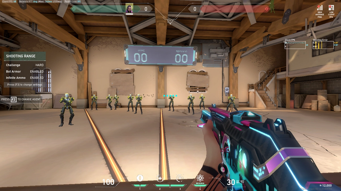 Valorant player aiming at practice bots with five dots crosshair.