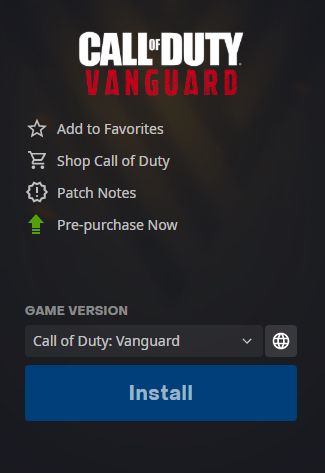 The Call of Duty Vanguard screen with a greyed-out 'install' button.