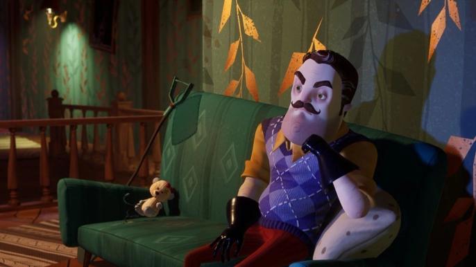 The character is sitting on the sofa in Hello Neighbor 2. 